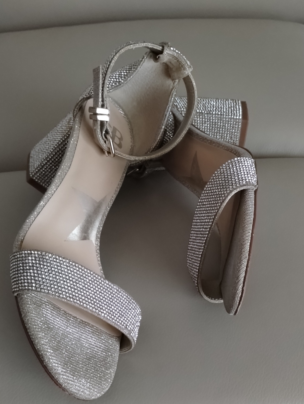 Gianni Bini Silver Rhinestone Block Heel Ankle-Strap Sandals Size 7.5M